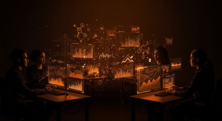 Motor de IA para trading de mercados eléctricos con financiación de 75 millones liderada por Lightspeed, representado con fundadores tech y visualización de redes neuronales en paleta naranja y negro.