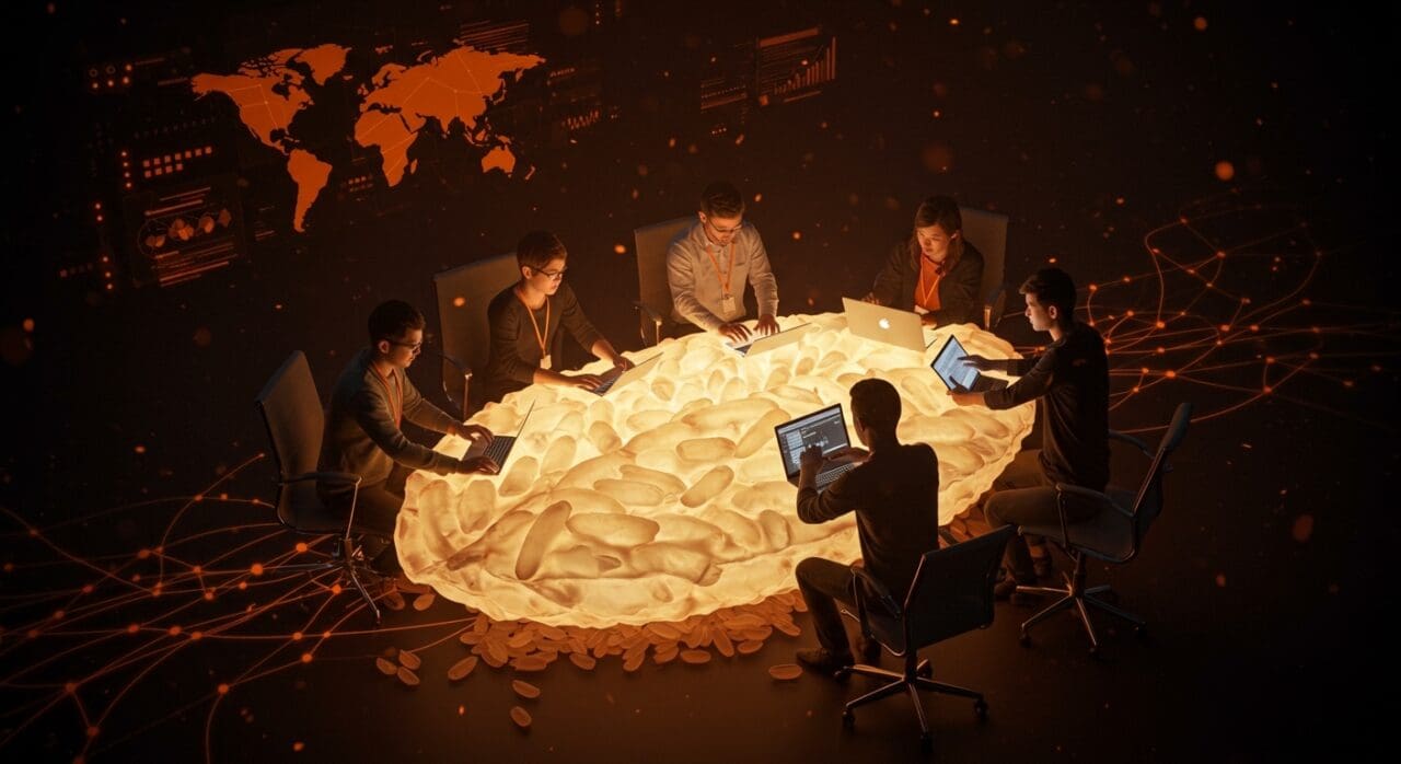 Fundadores de startups colaborando alrededor de una mesa luminosa en forma de arroz, simbolizando la cultura organizacional y cooperación en equipos globales.