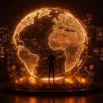 Fundador tecnológico visualizando oportunidades en el mercado de climate tech con un símbolo de tierra invernadero digital.