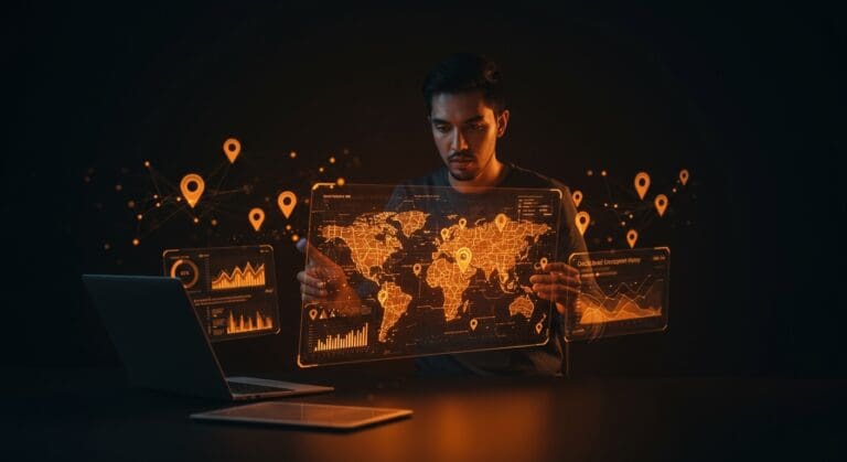 Founder de startup tech interactuando con mapa digital geolocalizado destacando TikTok Local Feed y estrategias de personalización de contenido.