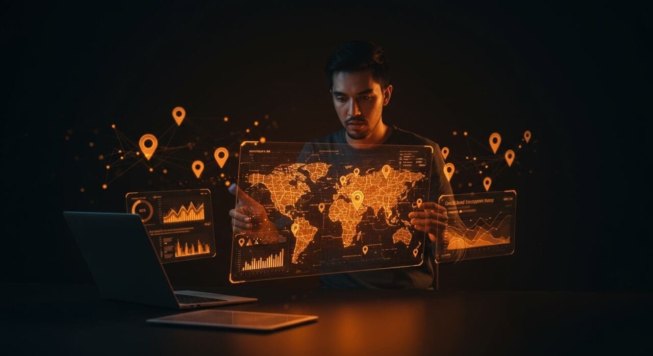 Founder de startup tech interactuando con mapa digital geolocalizado destacando TikTok Local Feed y estrategias de personalización de contenido.