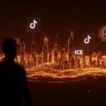 Silueta de fundador tecnológico observando vigilancia digital masiva mediante datos de TikTok e ICE, simbolizando privacidad y vigilancia en startups.