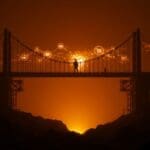 Figura de líder político amenazando con bloquear el puente Gordie Howe, representando el impacto en el comercio bilateral entre Estados Unidos y Canadá y startups transfronterizas.