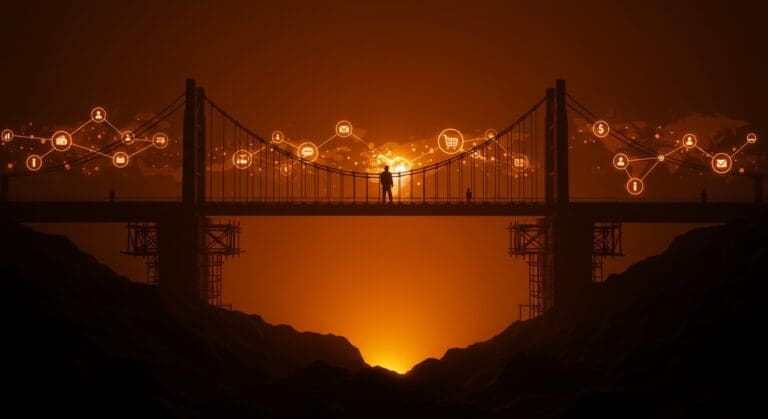 Figura de líder político amenazando con bloquear el puente Gordie Howe, representando el impacto en el comercio bilateral entre Estados Unidos y Canadá y startups transfronterizas.