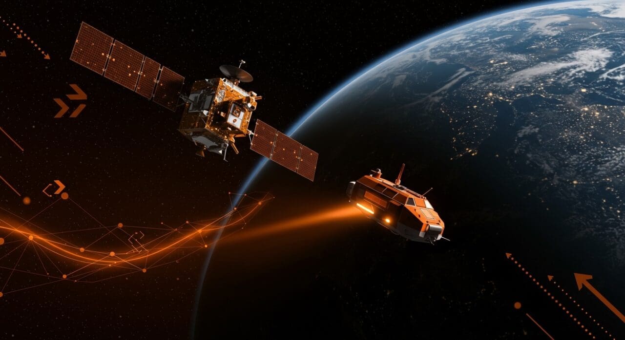 Remolcador espacial innovador de la startup UARX Space gestionando satélites en órbita, destacando tecnología espacial y ecosistema europeo.