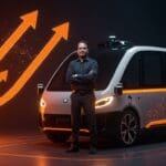 Balaji Krishnamurthy nuevo CFO de Uber frente a un robotaxi autónomo, simbolizando la estrategia y expansión en movilidad autónoma y liderazgo financiero.