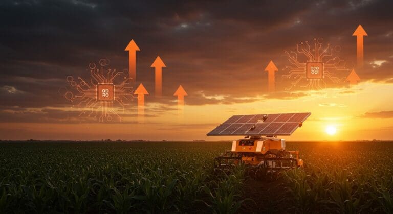 Robot agrícola autónomo solar trabajando en cultivo de maíz, representando innovación en agricultura sostenible y reducción de fertilizantes.