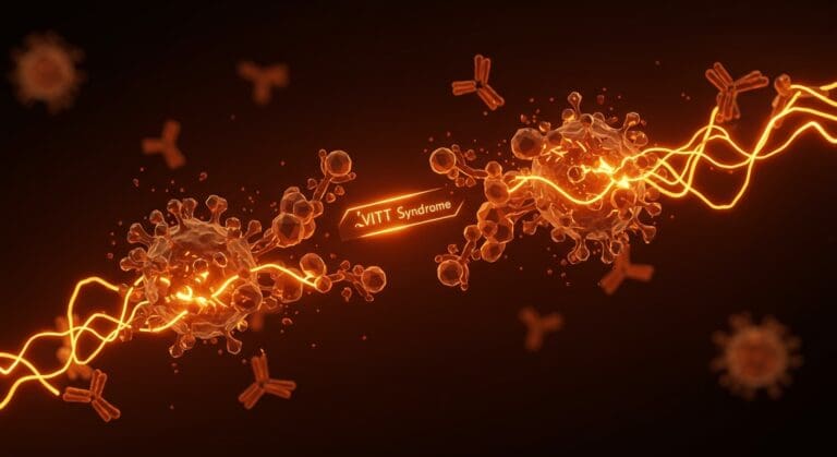 Mecanismo del síndrome VITT en vacunas COVID-19 adenovirales representado visualmente con enfoque en biotecnología e inmunología.