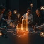 Ejecutivos de Vambe colaborando en expansión en México y Brasil con elementos visuales que representan Cornershop, TikTok, Uber y tecnología avanzada de startup chilena.