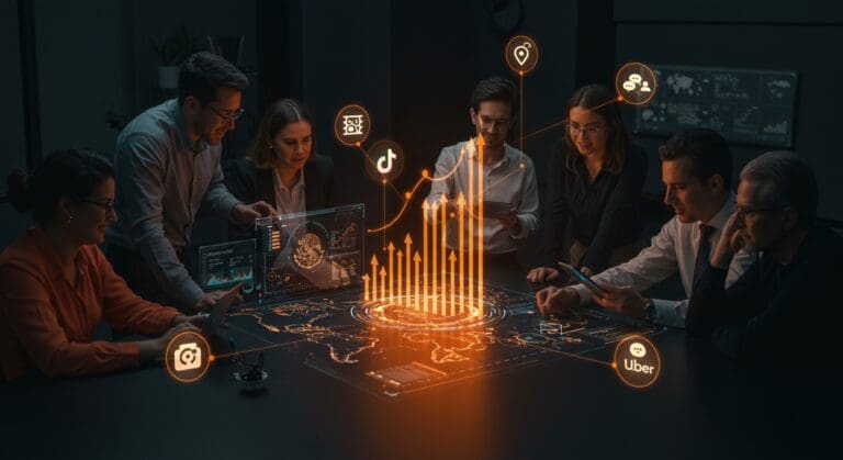 Ejecutivos de Vambe colaborando en expansión en México y Brasil con elementos visuales que representan Cornershop, TikTok, Uber y tecnología avanzada de startup chilena.