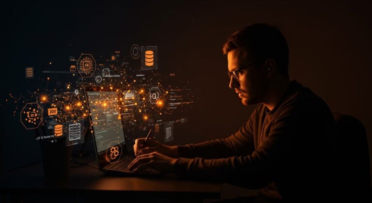Programador trabajando con librería C para bases de datos vectoriales open source, destacando embeddings y búsqueda semántica en IA aplicada.