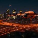 Vehículo aéreo autónomo Velocitor X-1 sobre ciudad congestionada, concepto de movilidad urbana innovadora y startups tecnológicas.