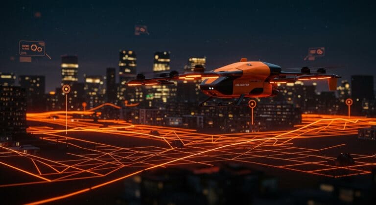Vehículo aéreo autónomo Velocitor X-1 sobre ciudad congestionada, concepto de movilidad urbana innovadora y startups tecnológicas.