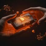 Chip anti-falsificación en producto de lujo con red blockchain simbolizando autenticación tecnológica para combatir el mercado paralelo.