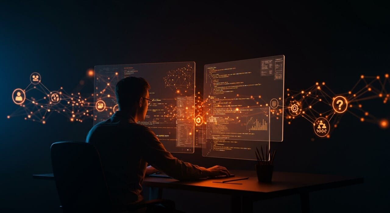 Desarrollador usando inteligencia artificial para programación asistida en código abierto, mostrando el impacto de la IA en el desarrollo tecnológico.