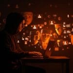 Figura operando laptop con avatares digitales enmascarados en red social, simbolizando vigilancia digital y privacidad en redes sociales por DHS.