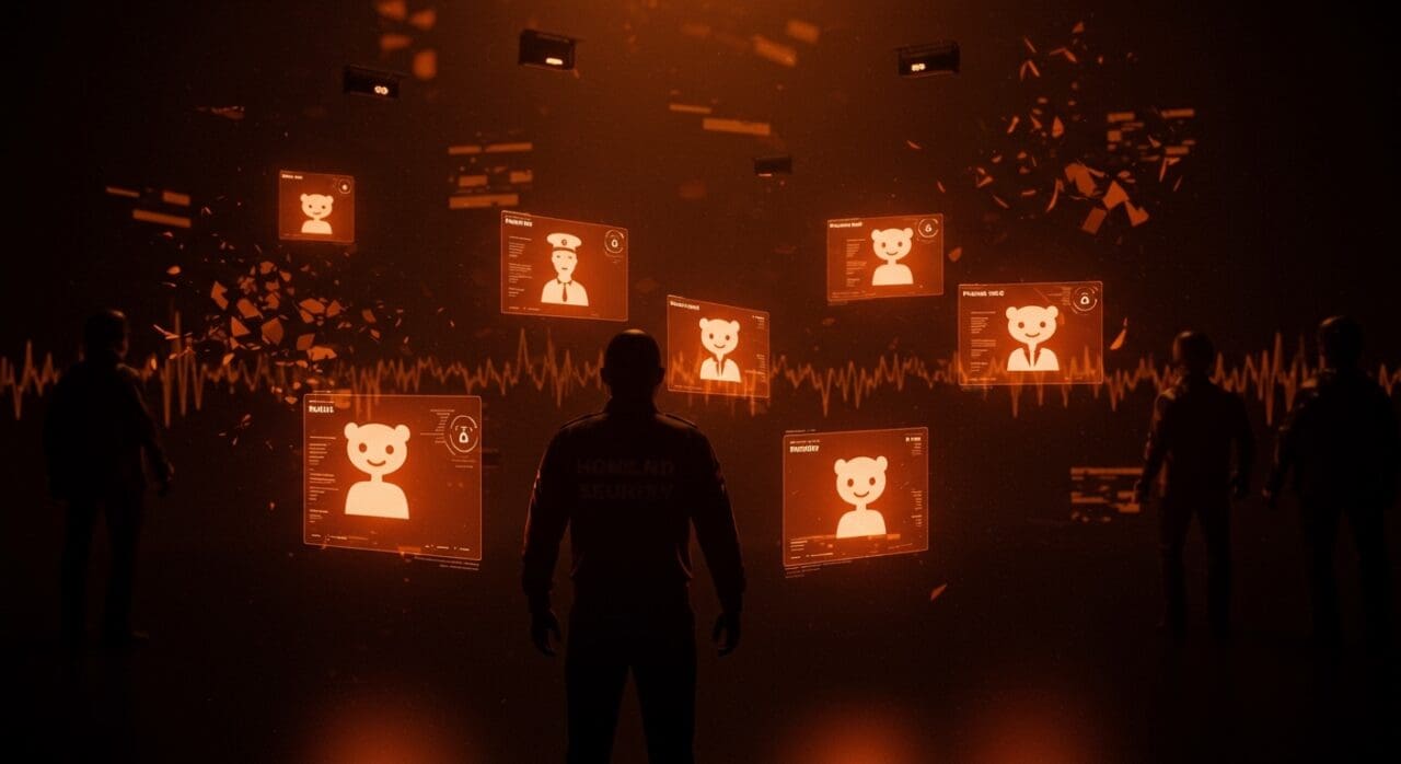 Vigilancia digital de usuarios de Reddit anti-ICE por Homeland Security mostrando monitoreo y riesgos para la privacidad digital.