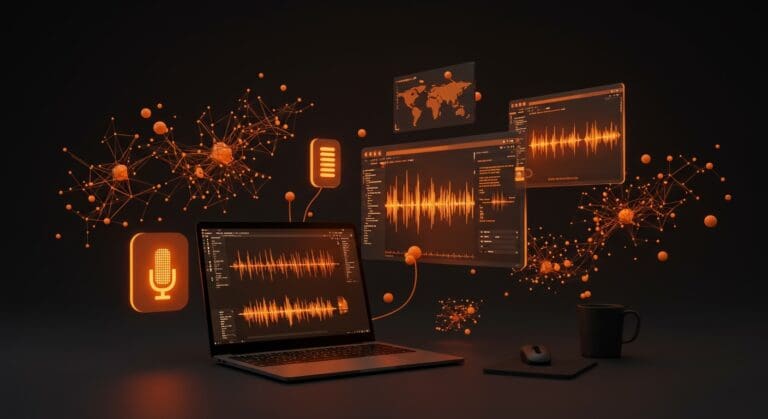 Representación visual de Voxtral Mini 4B en Rust ejecutando reconocimiento de voz en navegador con IA y tecnología WASM y WebGPU.