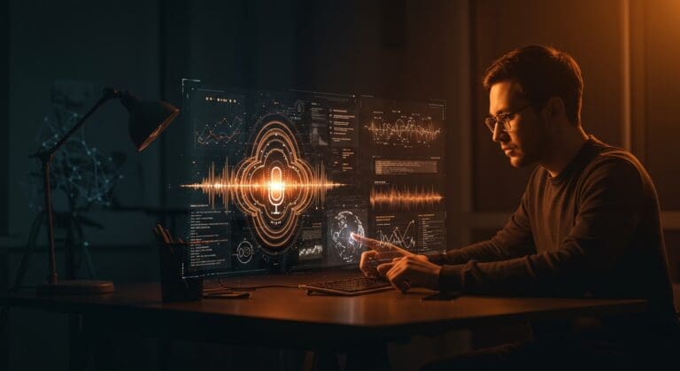 Interfaz holográfica de transcripción de voz multilingüe con IA para automatización en startups tecnológicas usando Voxtral Transcribe 2 de Mistral AI.