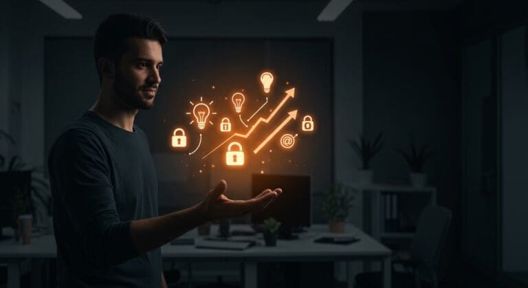 Marketing de crecimiento para propiedad intelectual en startup del Parque Científico de Alicante con símbolos digitales de activos intangibles y expansión empresarial.