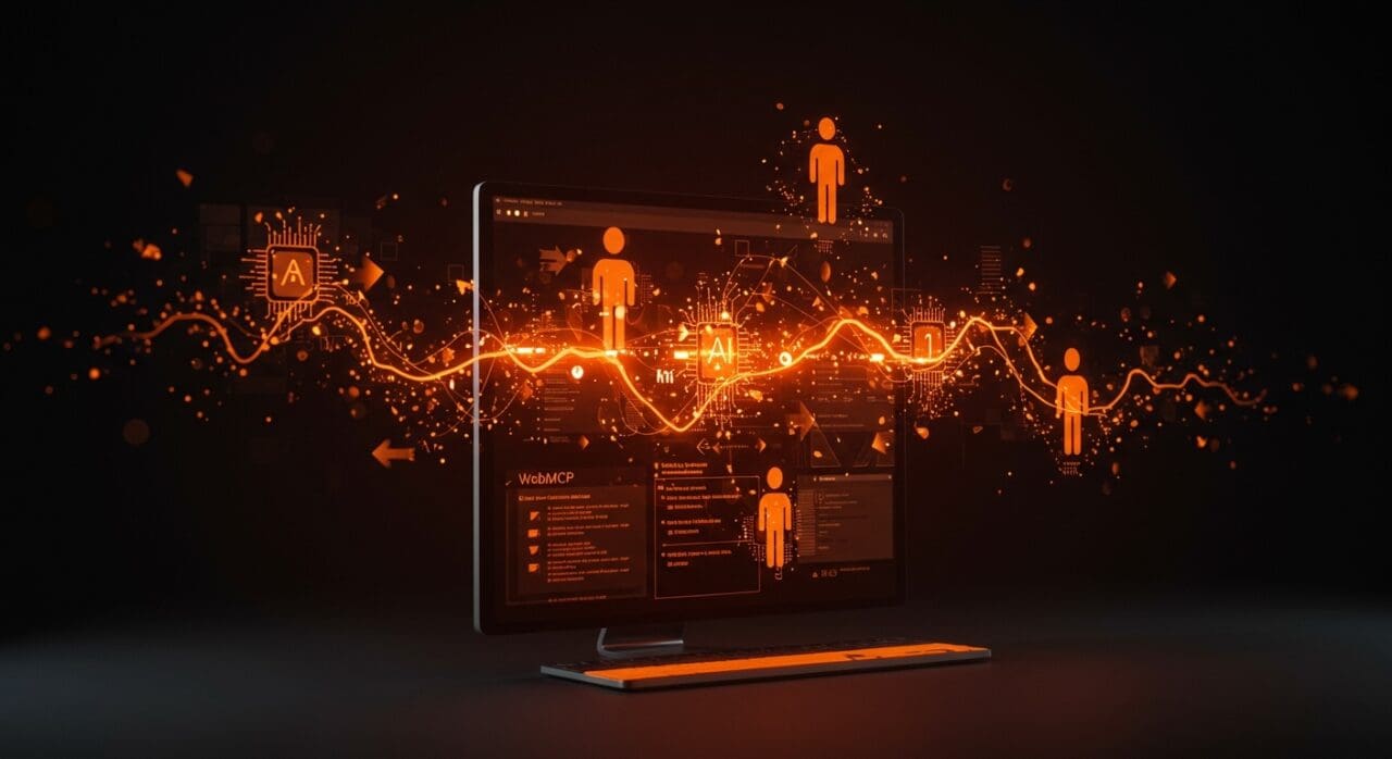 Interfaz web transformándose en herramienta IA usando WebMCP en Google Chrome para startups tecnológicas.