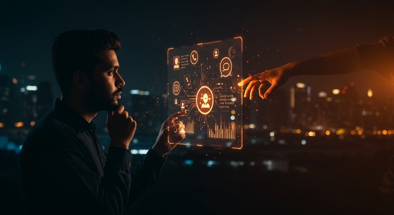 Fundador de startup tech frente a interfaz digital con iconos de WhatsApp y candados, ilustrando privacidad y regulación en India.