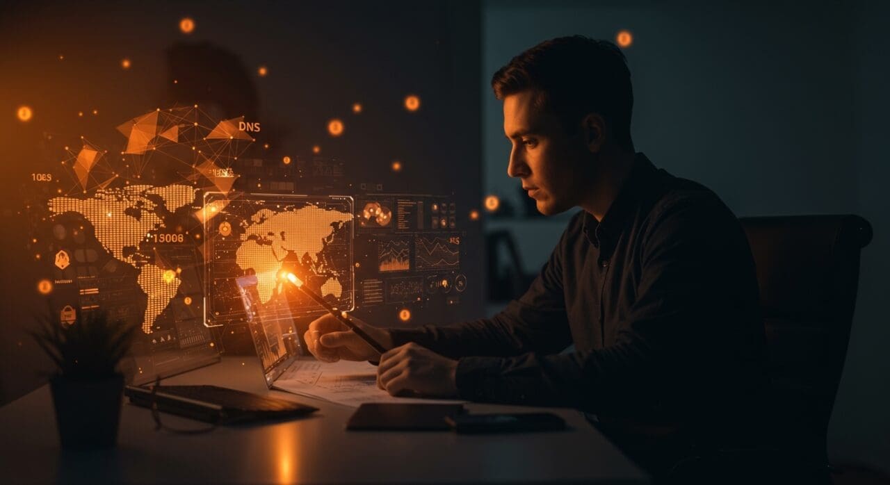 Founder utilizando herramientas DNS para análisis y ciberseguridad en infraestructura internet de startups.