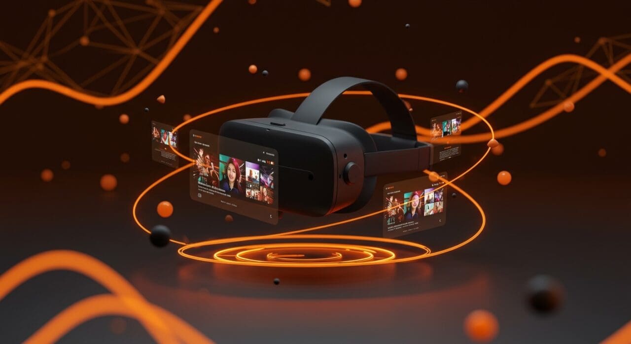 Apple Vision Pro con interfaz de la app YouTube destacando tecnología inmersiva y ecosistema de realidad mixta en startup tech.