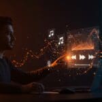 Interfaz holográfica de generación de playlists con IA en YouTube Music Premium mostrando automatización y personalización para creadores y startups tech.