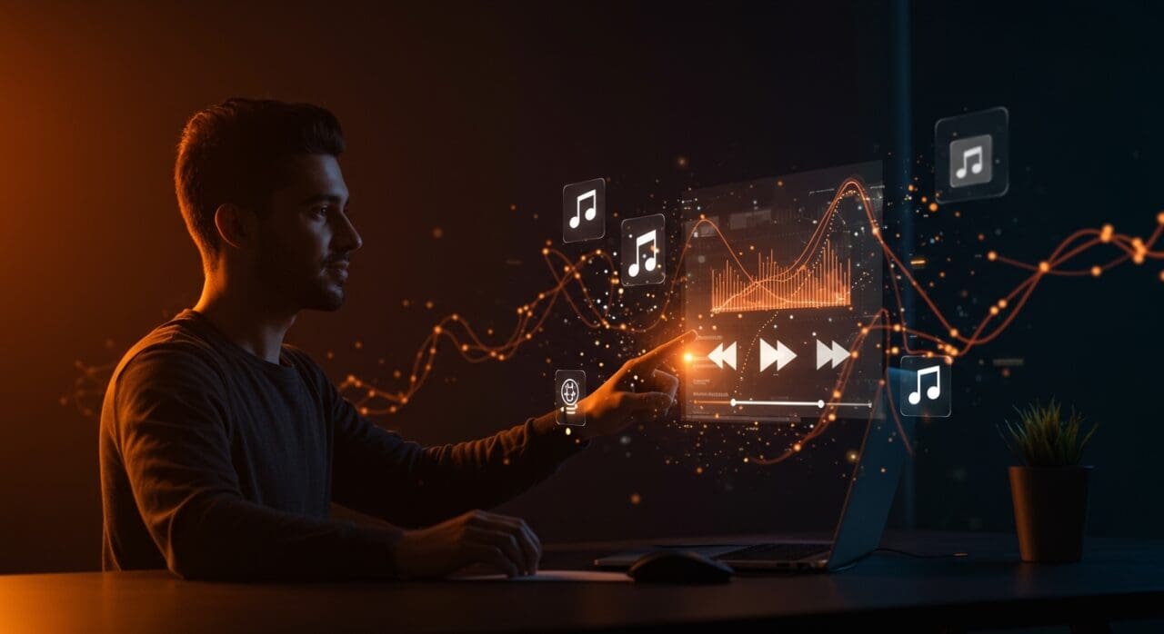 Interfaz holográfica de generación de playlists con IA en YouTube Music Premium mostrando automatización y personalización para creadores y startups tech.